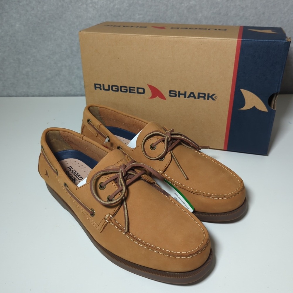 NEW Rugged Shark Mens Classic Boat Shoes Tan Beige Genuine Leather 10